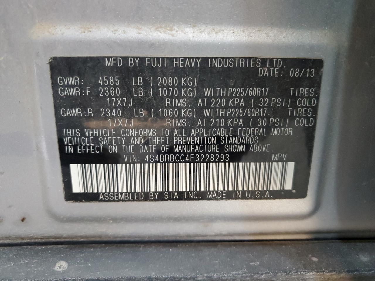 2014 Subaru Outback 2.5I Premium VIN: 4S4BRBCC4E3228293 Lot: 84818155