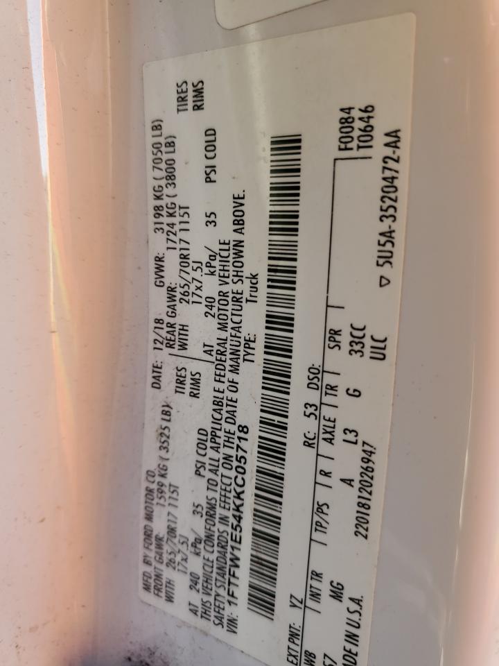 2019 Ford F150 Supercrew VIN: 1FTFW1E54KKC05718 Lot: 82734485