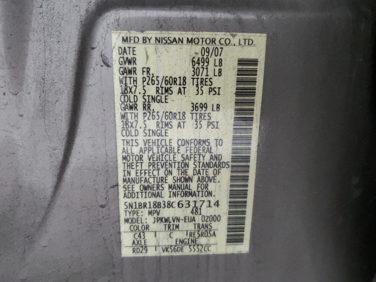 2008 Nissan Pathfinder Le VIN: 5N1BR18B38C631714 Lot: 84447135