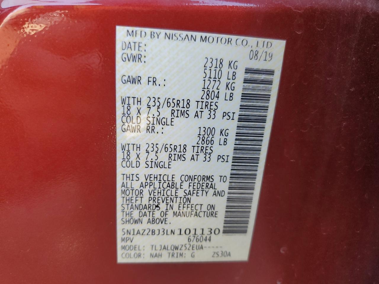 2020 Nissan Murano Sv VIN: 5N1AZ2BJ3LN101130 Lot: 84431245