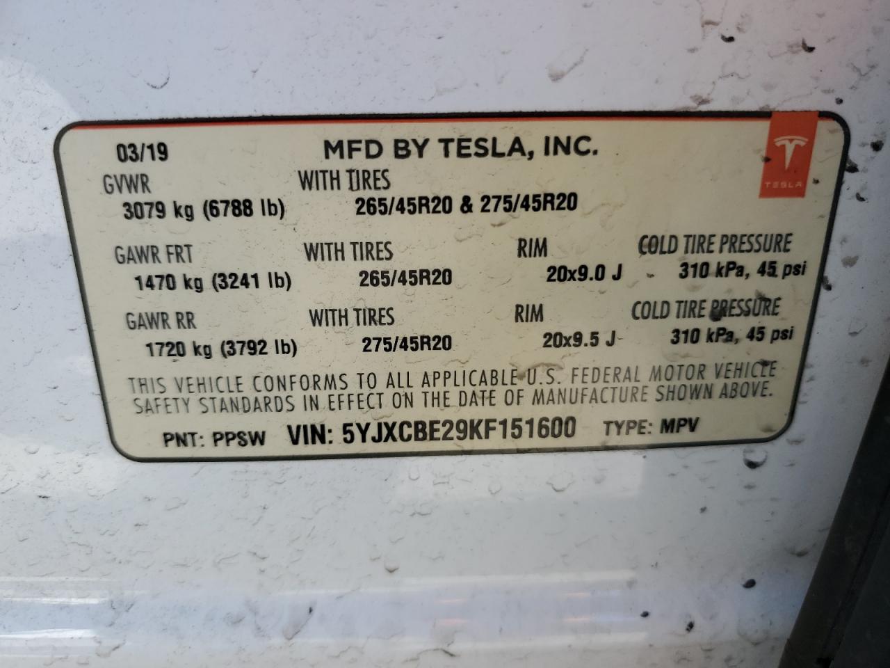 2019 Tesla Model X VIN: 5YJXCBE29KF151600 Lot: 86162595