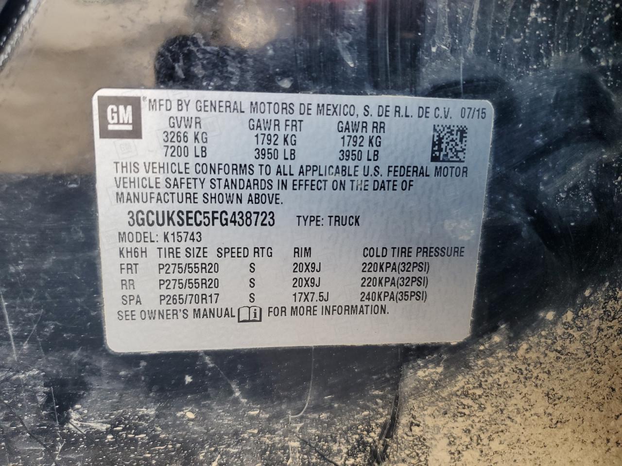 2015 Chevrolet Silverado K1500 Ltz VIN: 3GCUKSEC5FG438723 Lot: 85198045