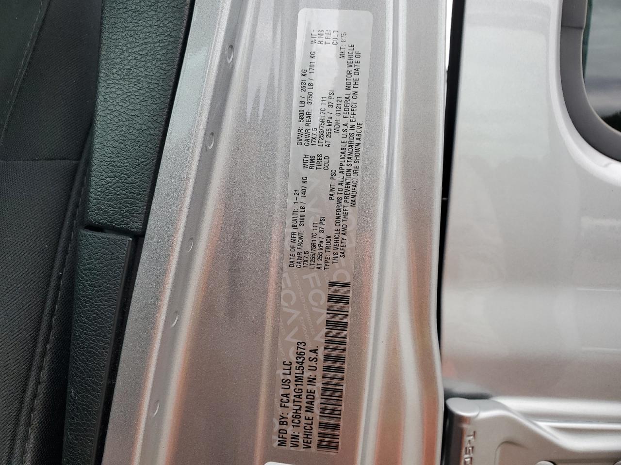 2021 Jeep Gladiator Sport VIN: 1C6HJTAG1ML543673 Lot: 86223755