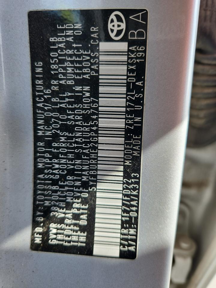 2016 Toyota Corolla L VIN: 5YFBURHE2GP454767 Lot: 86162375