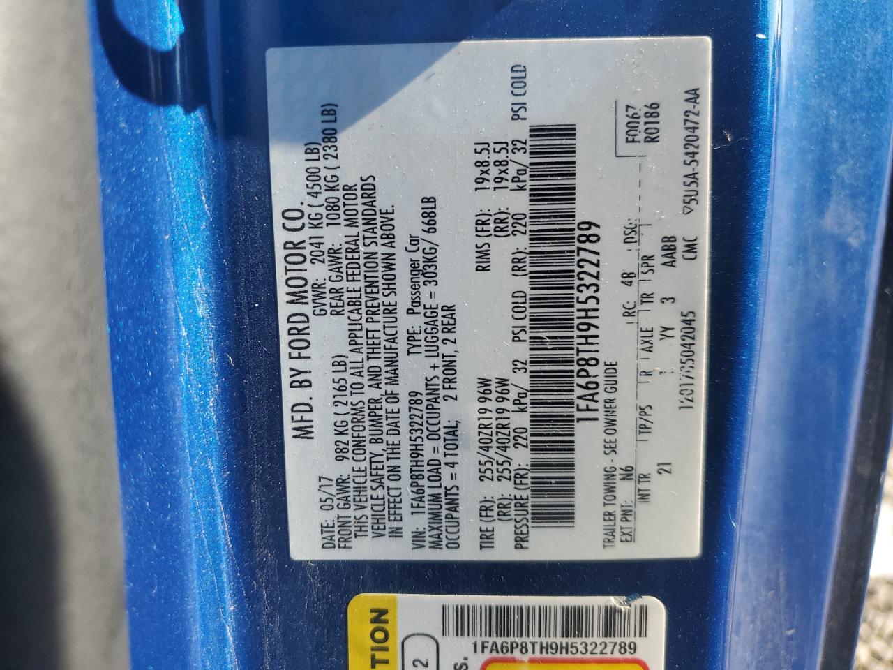 2017 Ford Mustang VIN: 1FA6P8TH9H5322789 Lot: 85651415