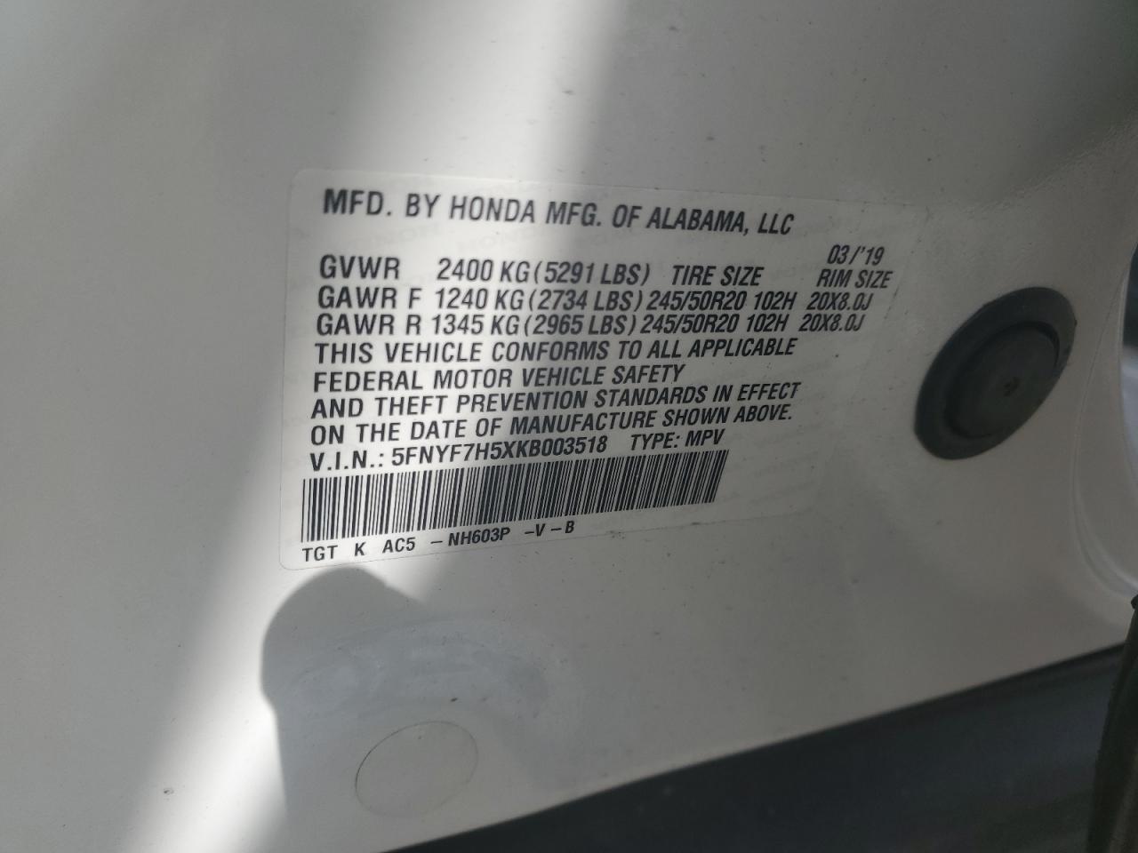 2019 Honda Passport Exl VIN: 5FNYF7H5XKB003518 Lot: 82283145