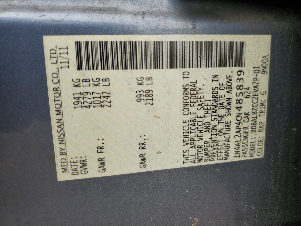 2012 Nissan Altima Base VIN: 1N4AL2AP4CN485839 Lot: 82446005