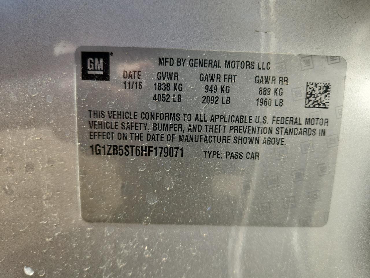 2017 Chevrolet Malibu Ls VIN: 1G1ZB5ST6HF179071 Lot: 87182035