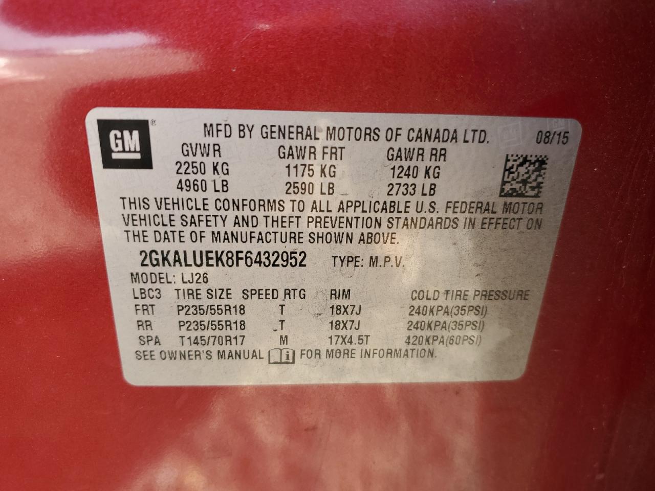 2015 GMC Terrain Denali VIN: 2GKALUEK8F6432952 Lot: 90476465