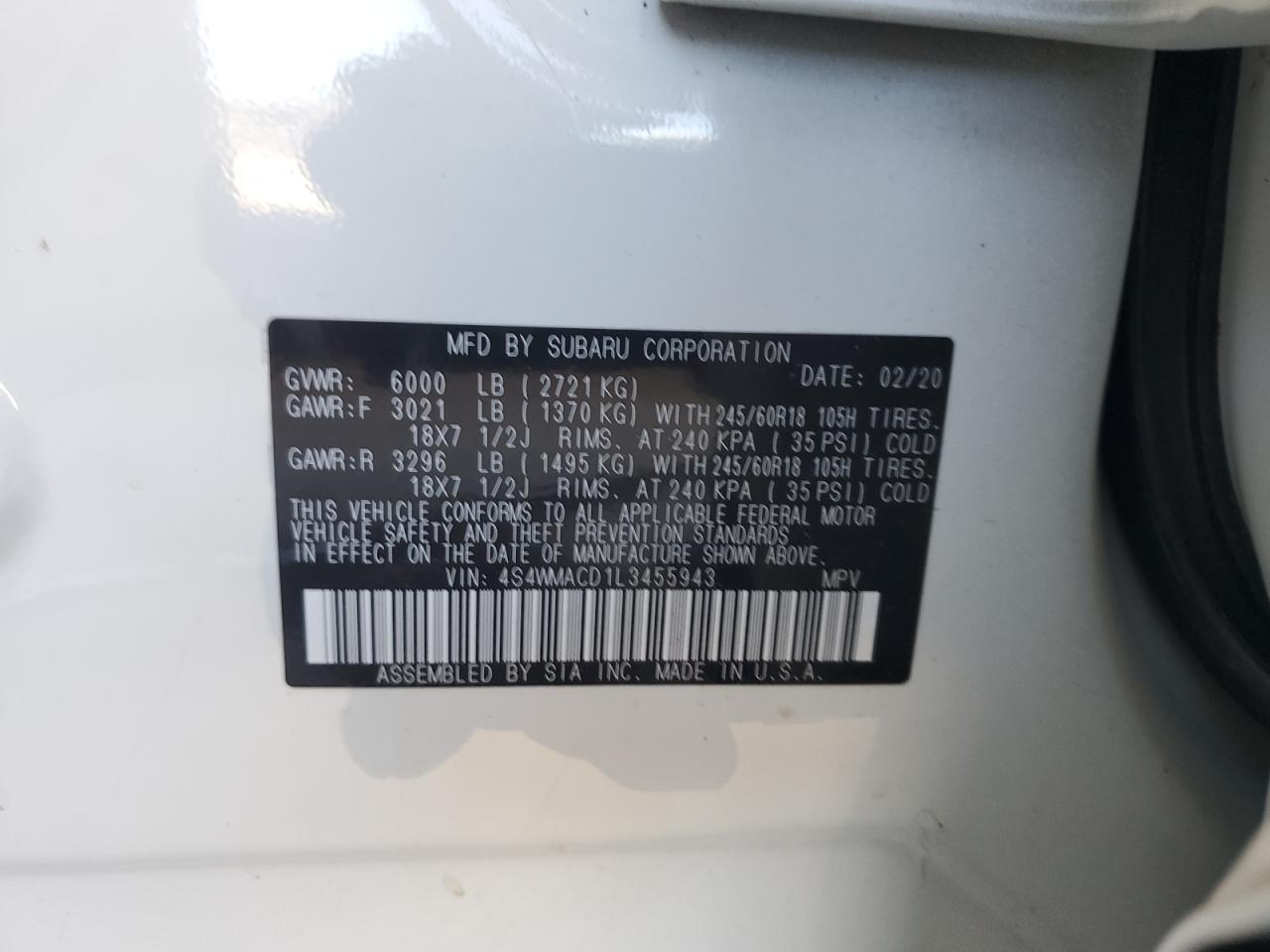 2020 Subaru Ascent Premium VIN: 4S4WMACD1L3455943 Lot: 82532925