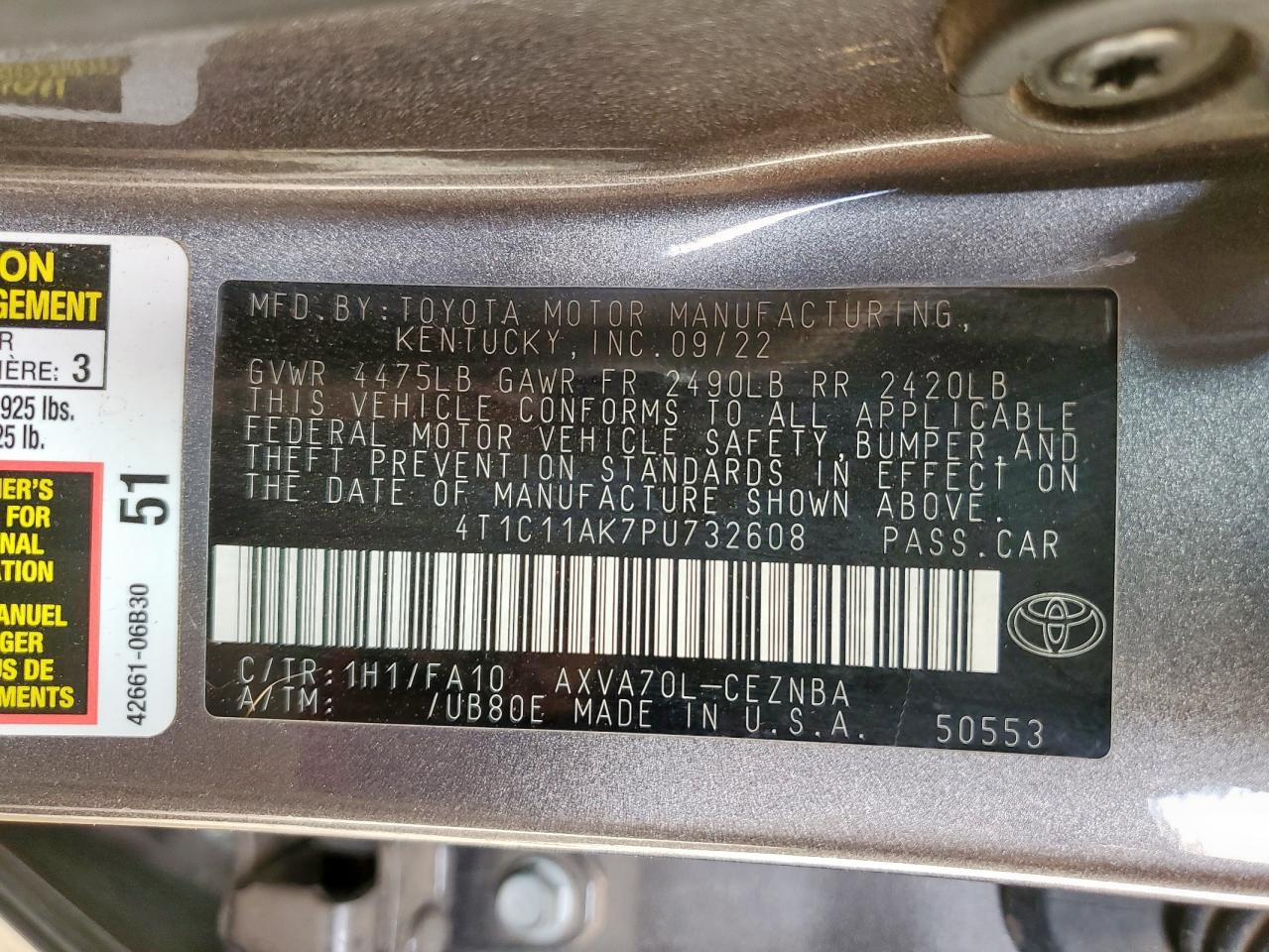 2023 Toyota Camry Le VIN: 4T1C11AK7PU732608 Lot: 86630855