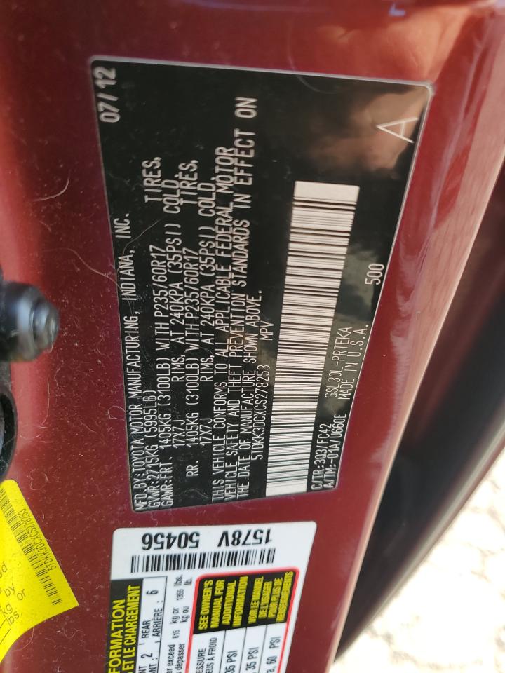 2012 Toyota Sienna Le VIN: 5TDKK3DCXCS278253 Lot: 82184965