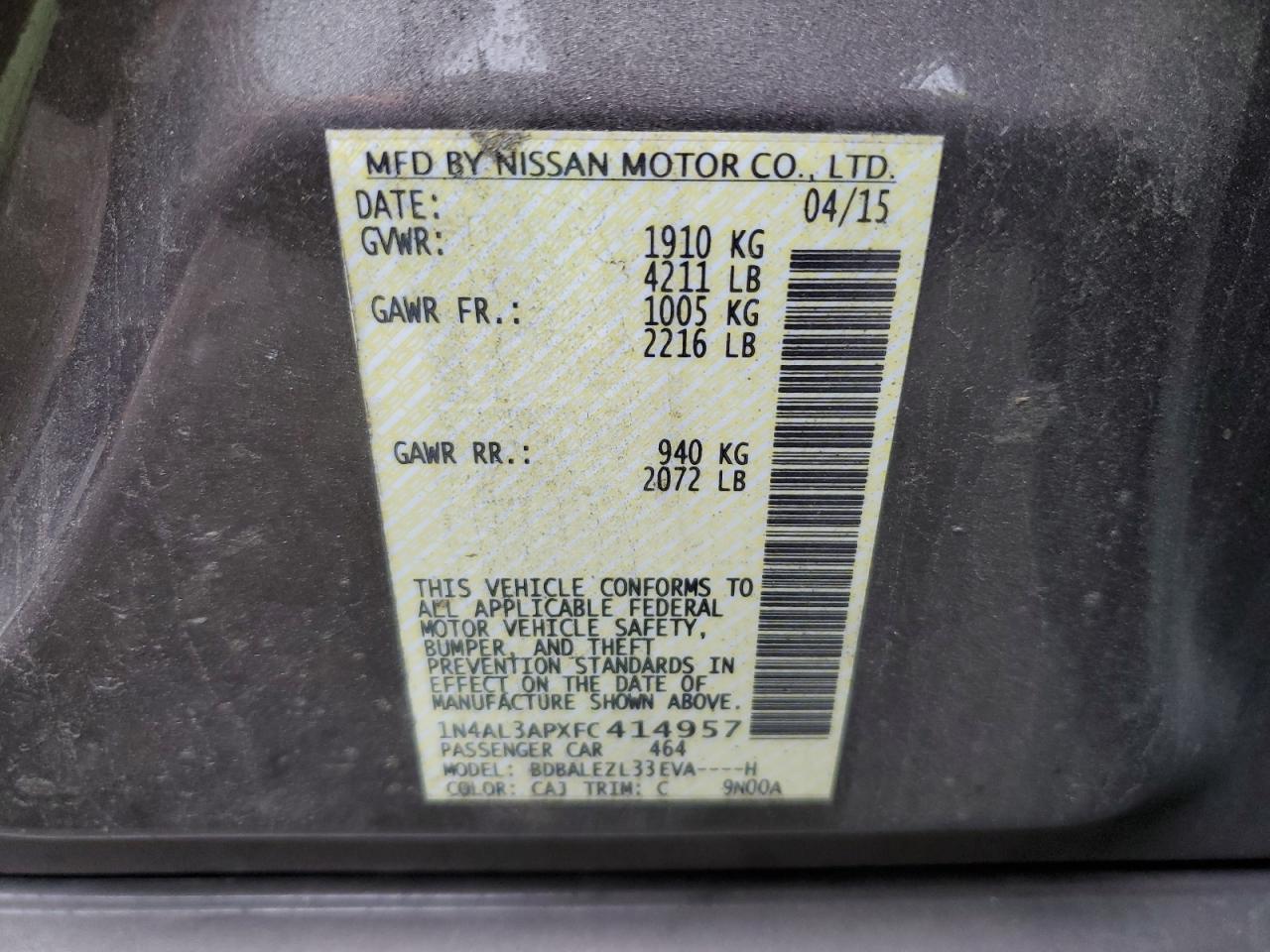 2015 Nissan Altima 2.5 VIN: 1N4AL3APXFC414957 Lot: 86233205