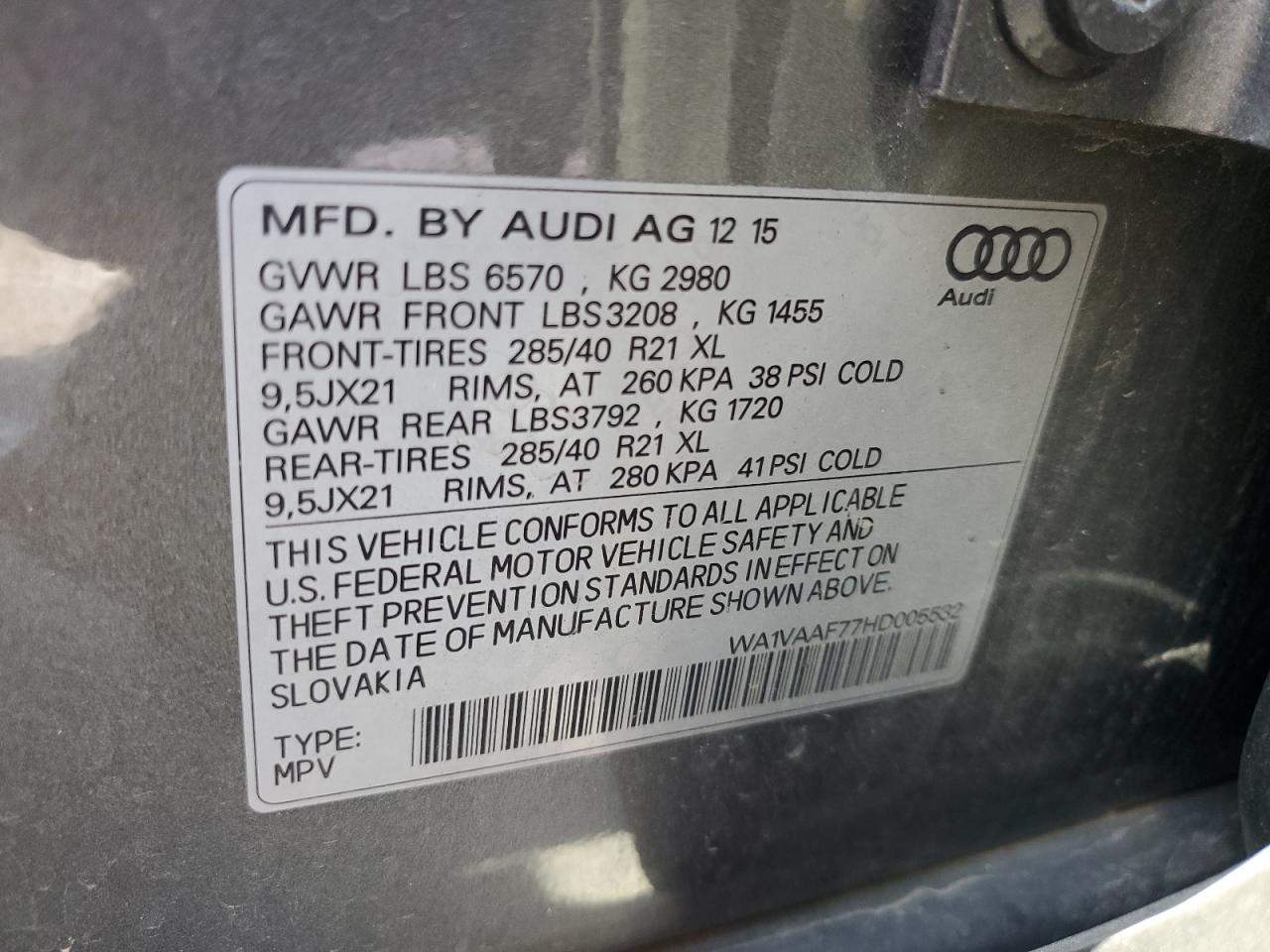 2017 Audi Q7 Prestige VIN: WA1VAAF77HD005532 Lot: 84616685