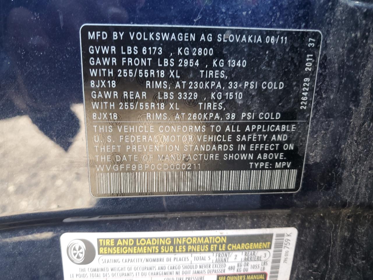 2012 Volkswagen Touareg V6 VIN: WVGFF9BP0CD000211 Lot: 85261445