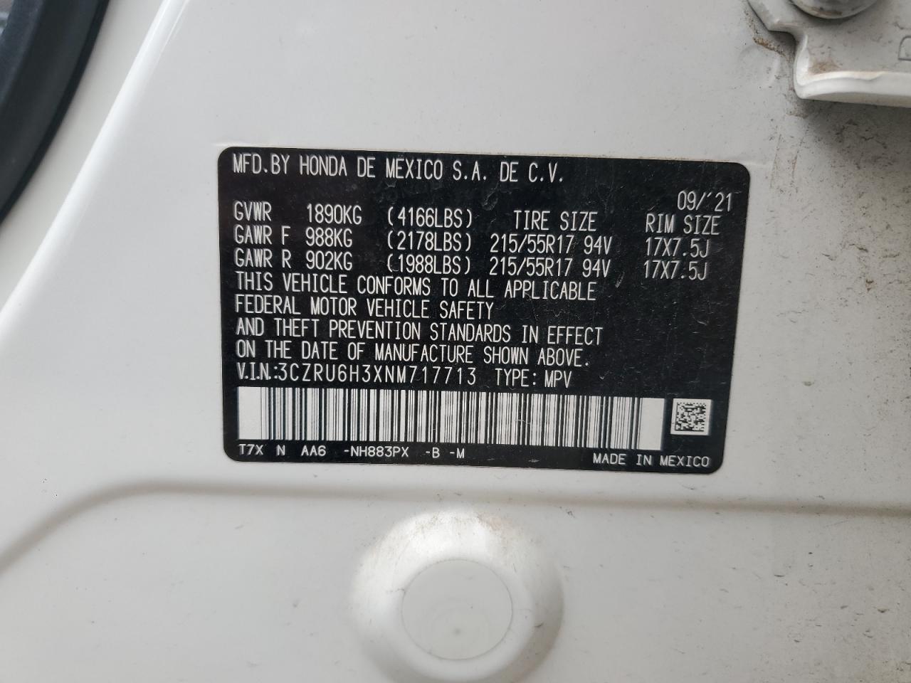 2022 Honda Hr-V Lx VIN: 3CZRU6H3XNM717713 Lot: 86235785