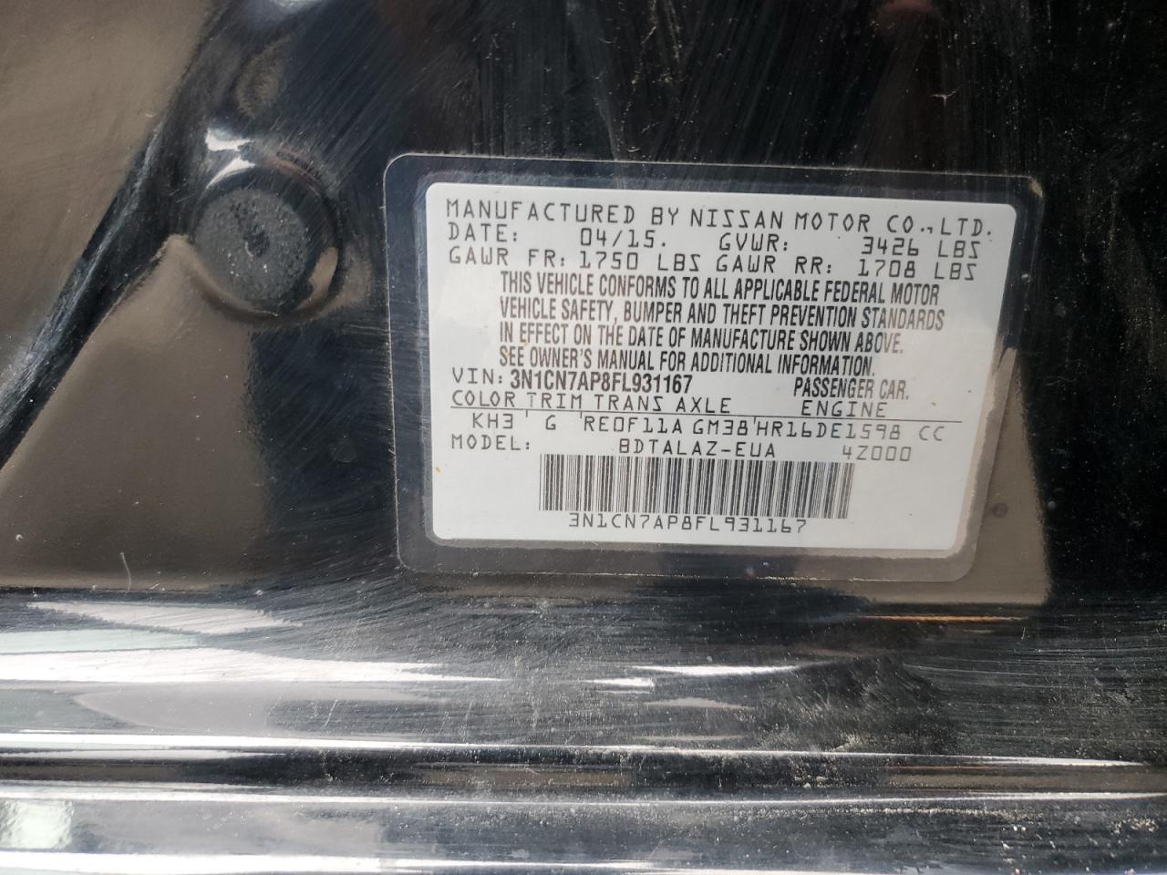 2015 Nissan Versa S VIN: 3N1CN7AP8FL931167 Lot: 86600535