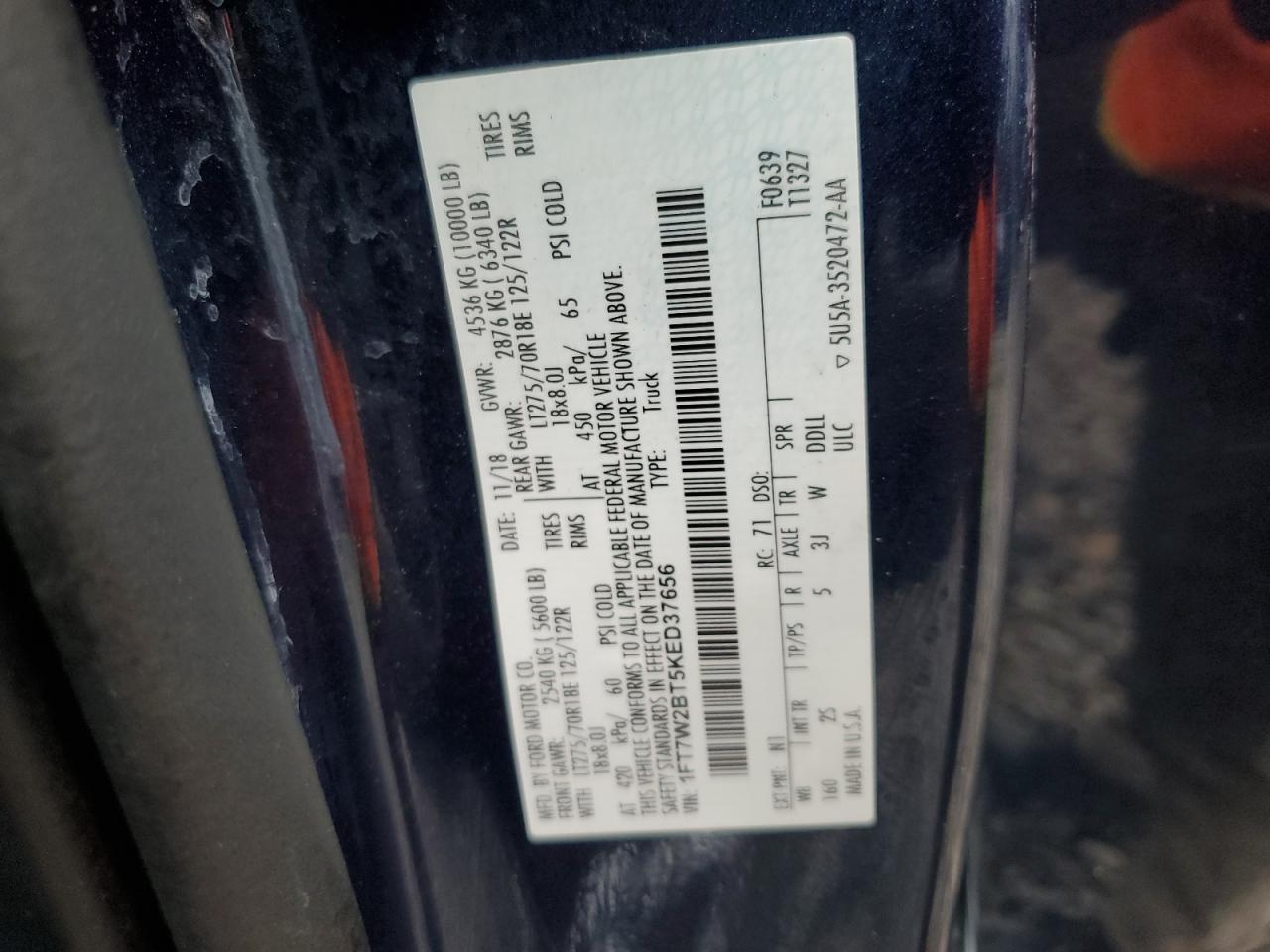 2019 Ford F250 Super Duty VIN: 1FT7W2BT5KED37656 Lot: 90453275