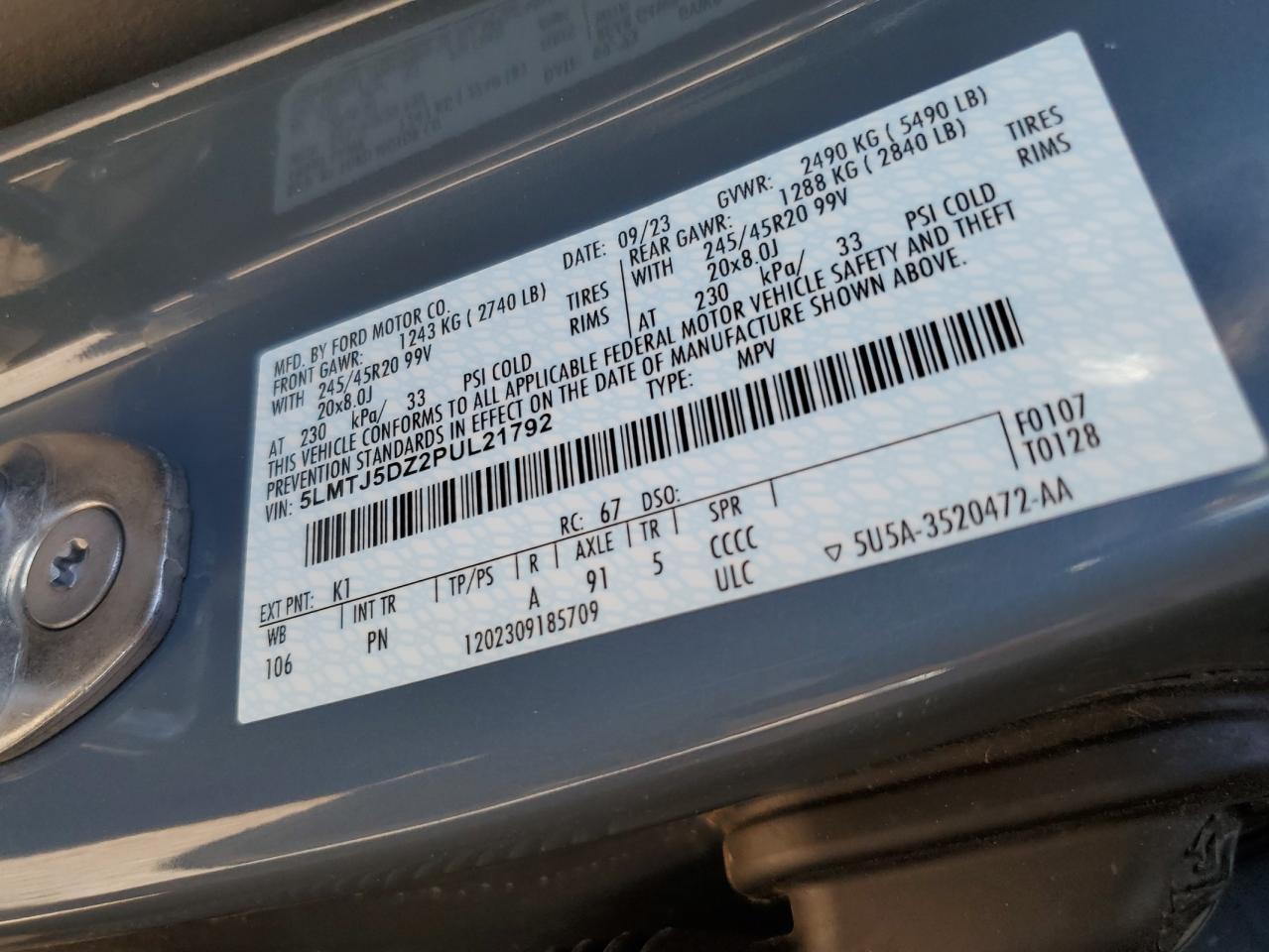 2023 Lincoln Corsair Grand Touring VIN: 5LMTJ5DZ2PUL21792 Lot: 84701975