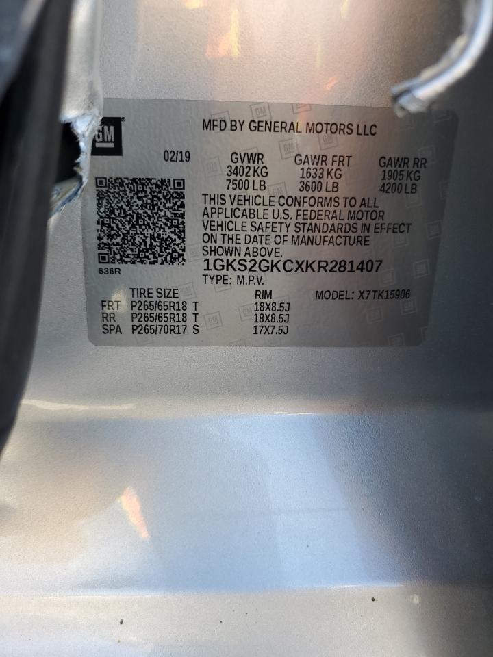 2019 GMC Yukon Xl K1500 Slt VIN: 1GKS2GKCXKR281407 Lot: 86251135