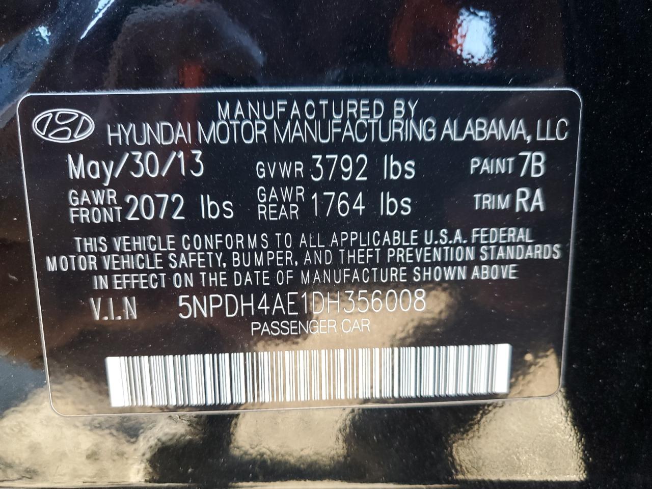 2013 Hyundai Elantra Gls VIN: 5NPDH4AE1DH356008 Lot: 86986275