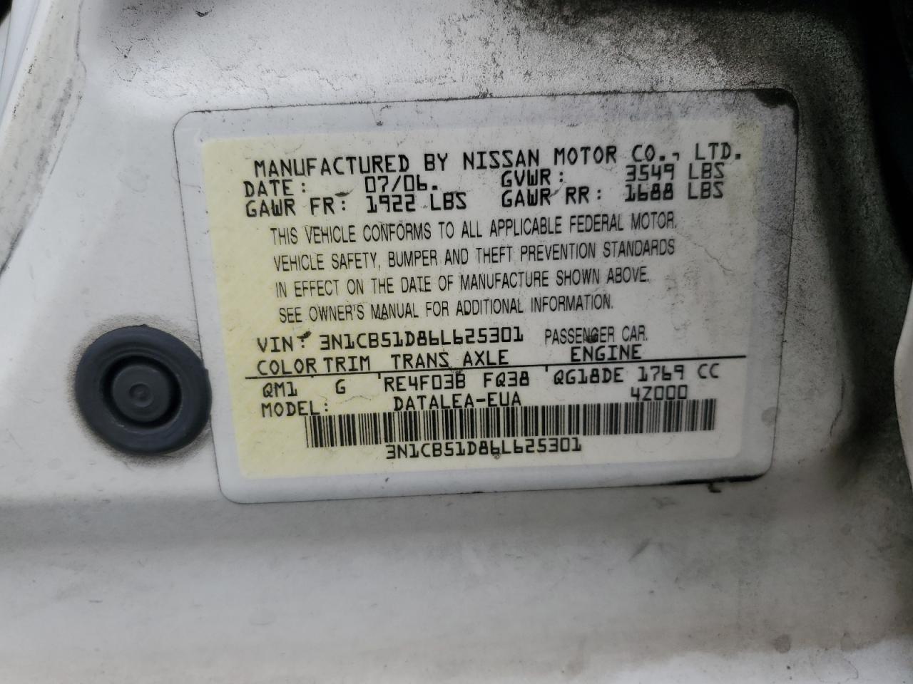 2006 Nissan Sentra 1.8 VIN: 3N1CB51D86L625301 Lot: 82365405