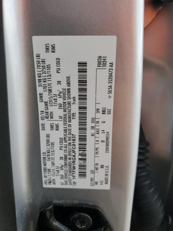 2018 Ford F150 Raptor VIN: 1FTFW1RGXJFC01837 Lot: 87078305