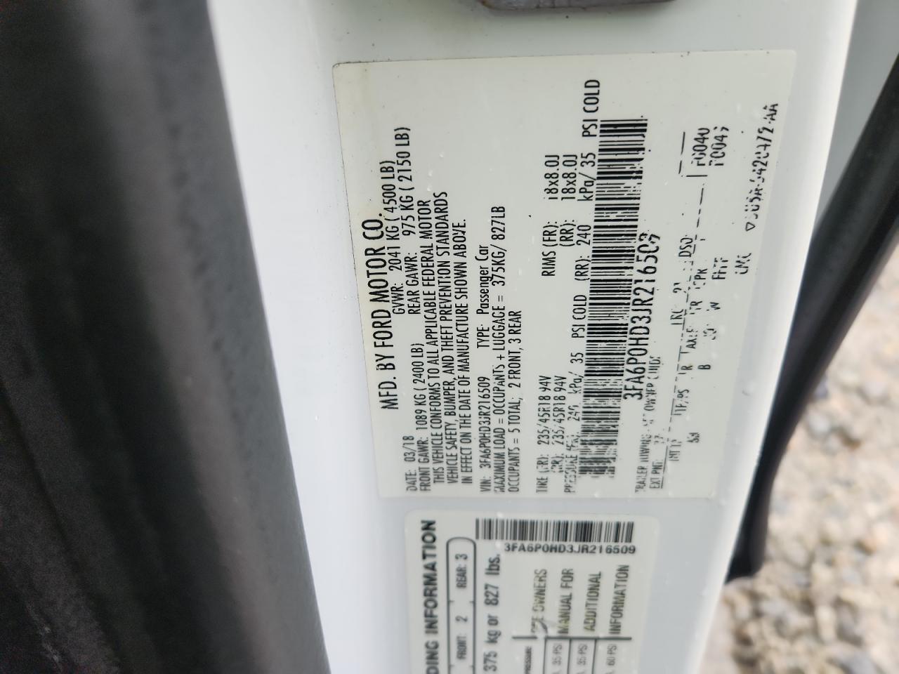 2018 Ford Fusion Se VIN: 3FA6P0HD3JR216509 Lot: 90490145