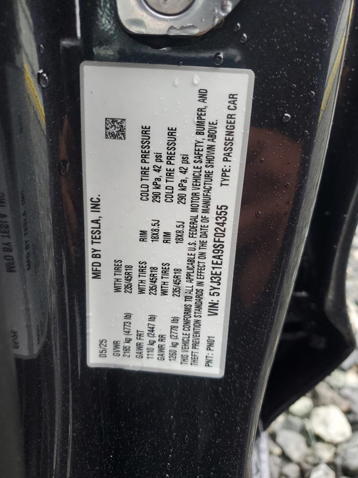 2025 Tesla Model 3 VIN: 5YJ3E1EA9SF024355 Lot: 85817525
