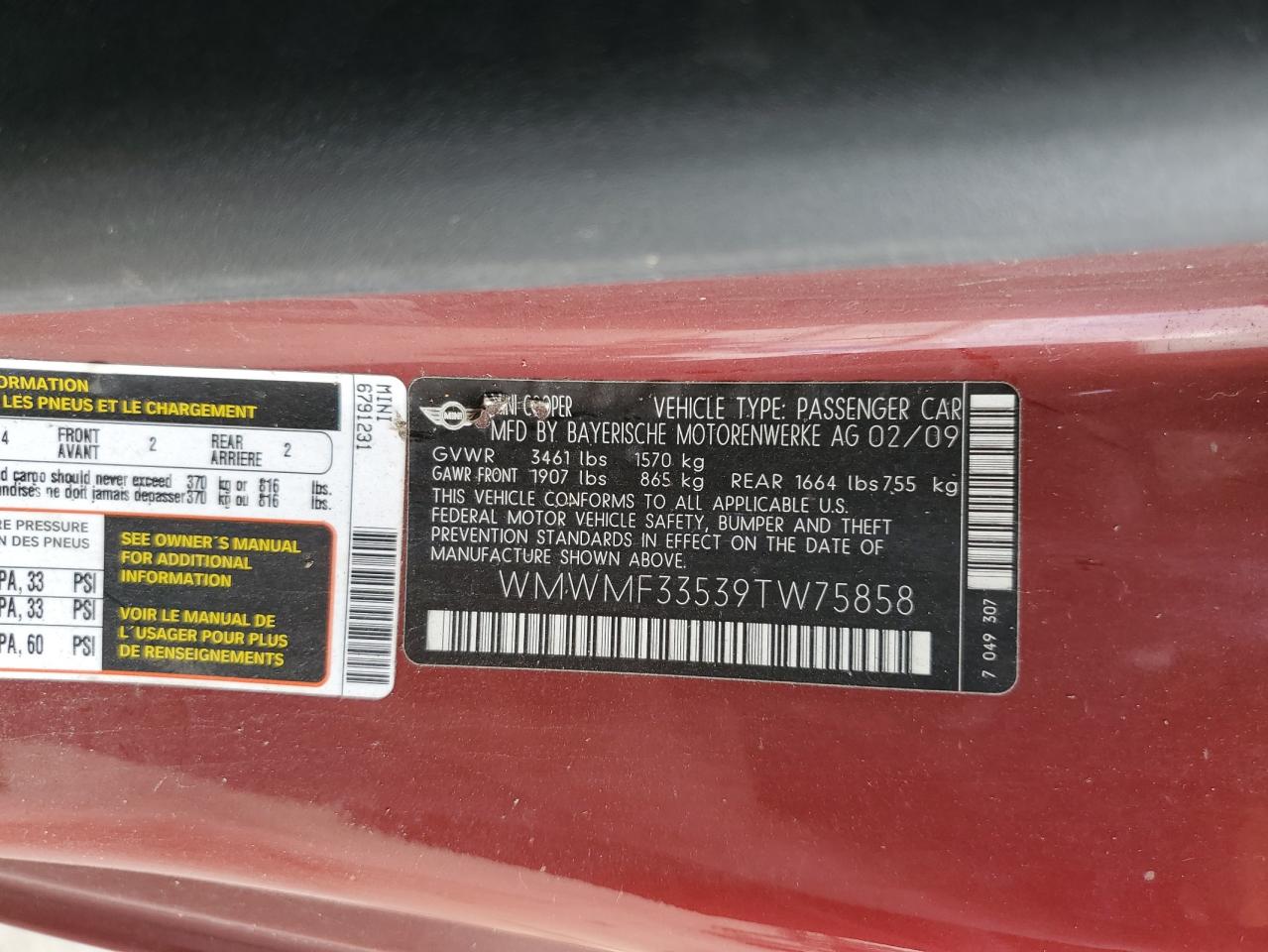 2009 Mini Cooper VIN: WMWMF33539TW75858 Lot: 85775965