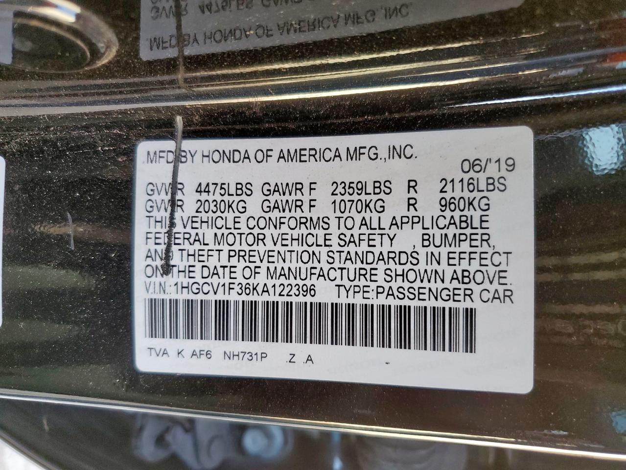 2019 Honda Accord Sport VIN: 1HGCV1F36KA122396 Lot: 85748125