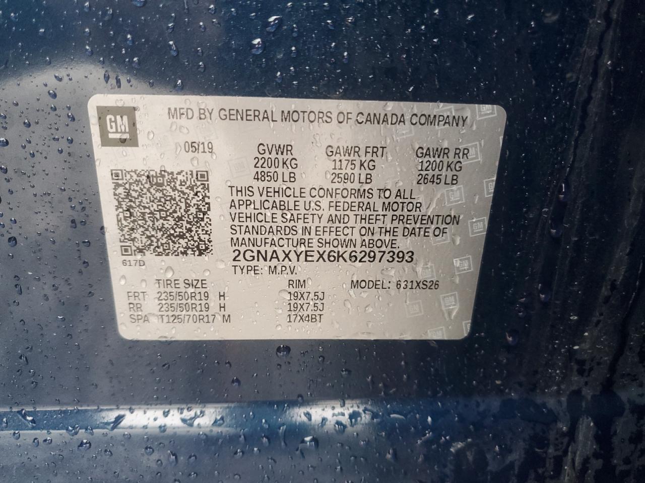 2019 Chevrolet Equinox Premier VIN: 2GNAXYEX6K6297393 Lot: 85362415