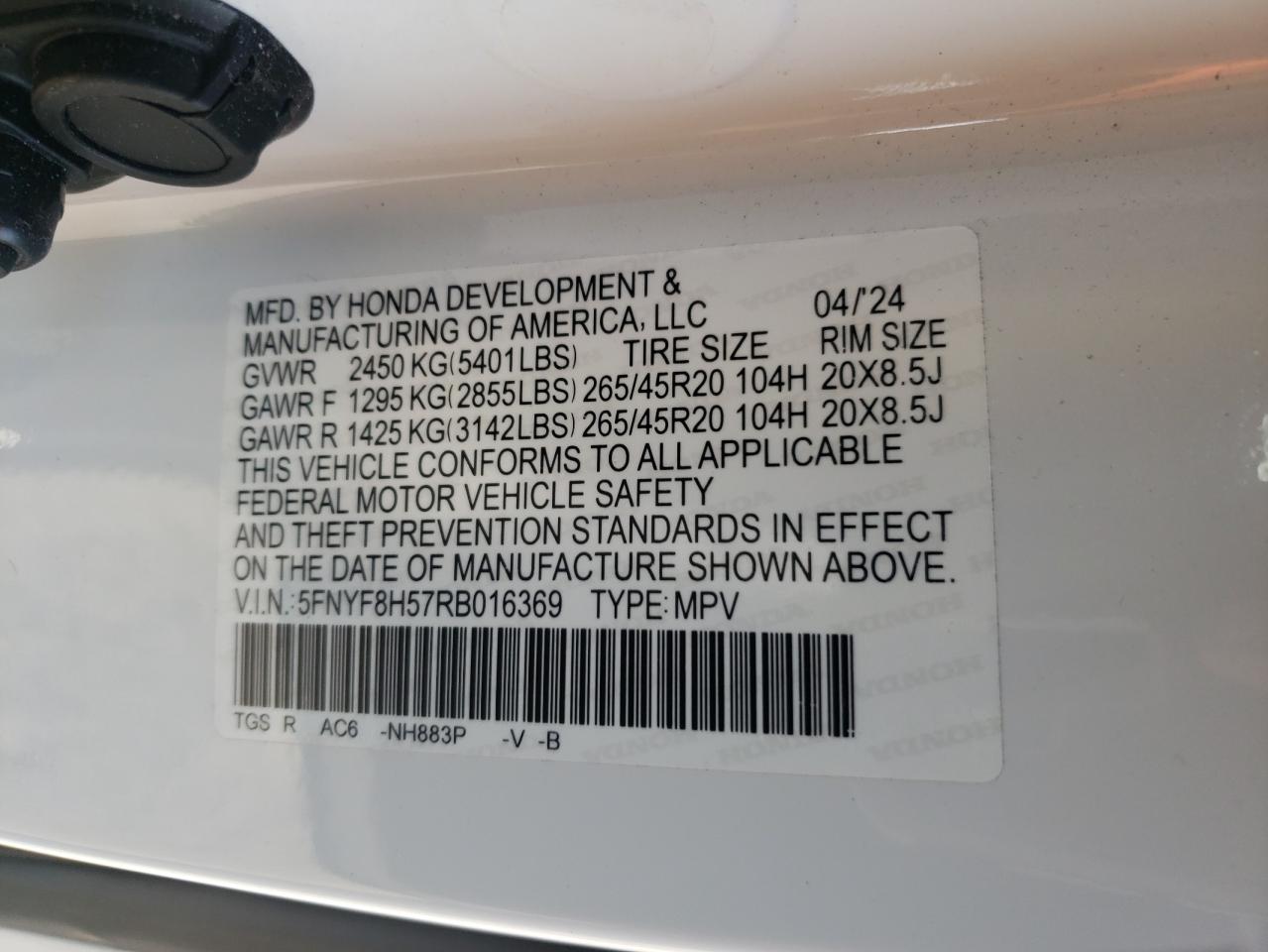 2024 Honda Passport Exl VIN: 5FNYF8H57RB016369 Lot: 85590465