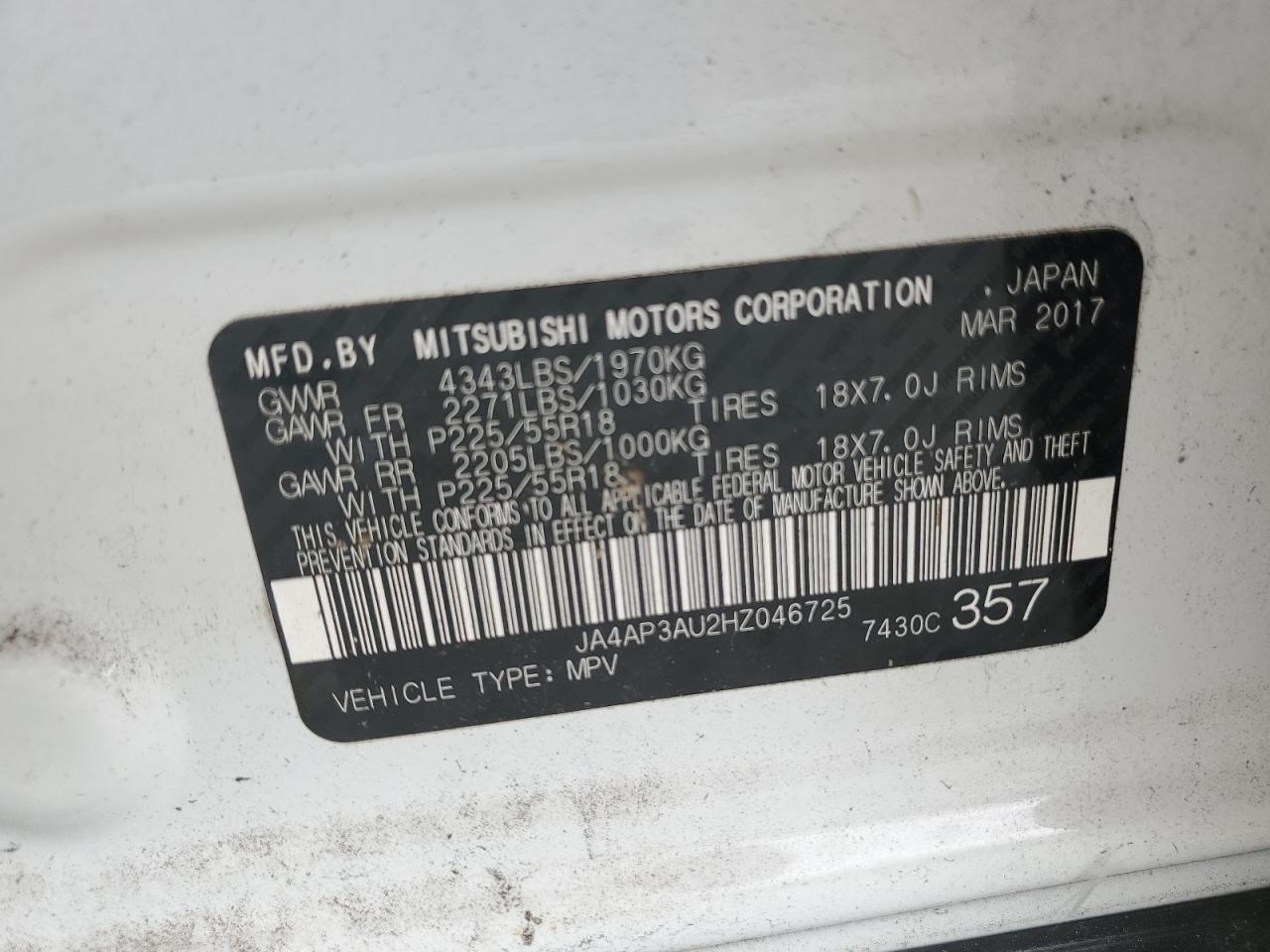 2017 Mitsubishi Outlander Sport Es VIN: JA4AP3AU2HZ046725 Lot: 84474445