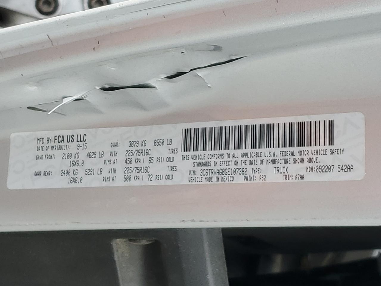 2016 Ram Promaster 1500 1500 Standard VIN: 3C6TRVAG8GE107382 Lot: 85566675