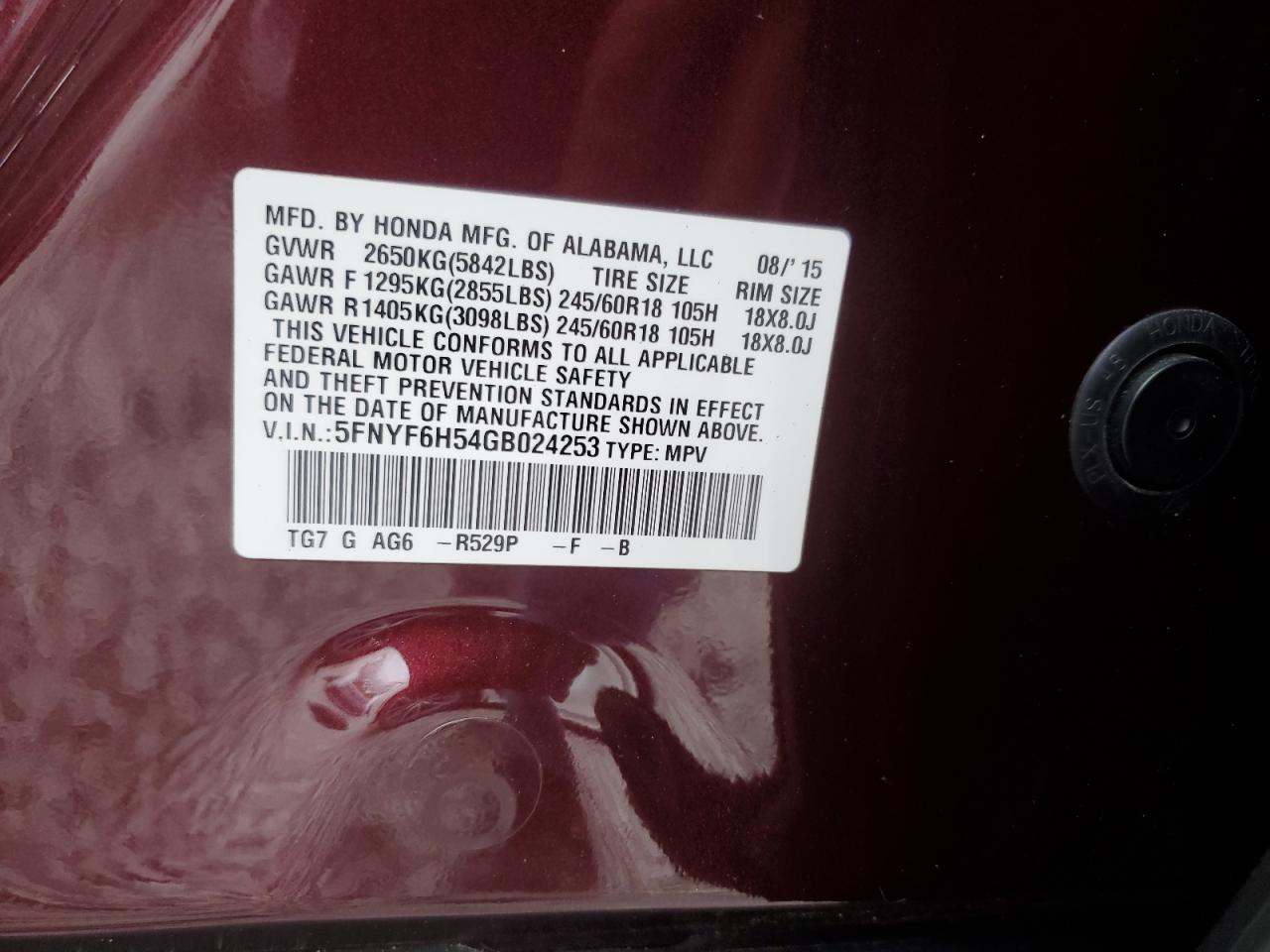 2016 Honda Pilot Exl VIN: 5FNYF6H54GB024253 Lot: 82557035