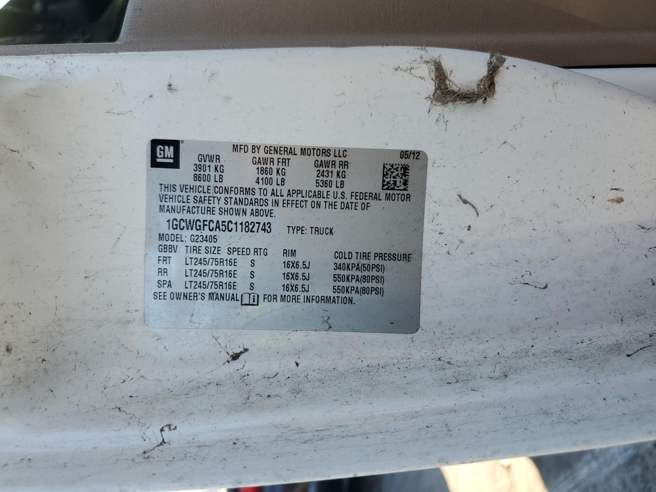 2012 Chevrolet Express Delivery Van VIN: 1GCWGFCA5C1182743 Lot: 89552715