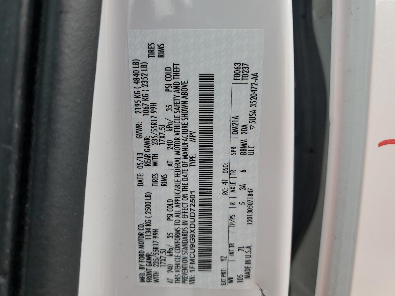 2013 Ford Escape Se VIN: 1FMCU9G9XDUD72501 Lot: 87107985