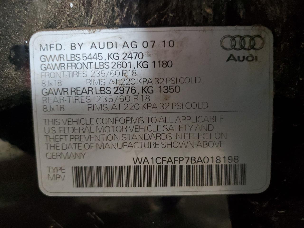 2011 Audi Q5 Premium VIN: WA1CFAFP7BA018198 Lot: 85563825