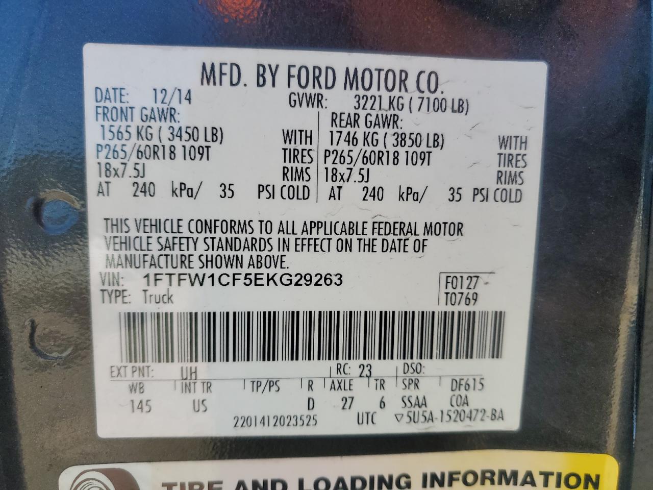 2014 Ford F150 Supercrew VIN: 1FTFW1CF5EKG29263 Lot: 90365525