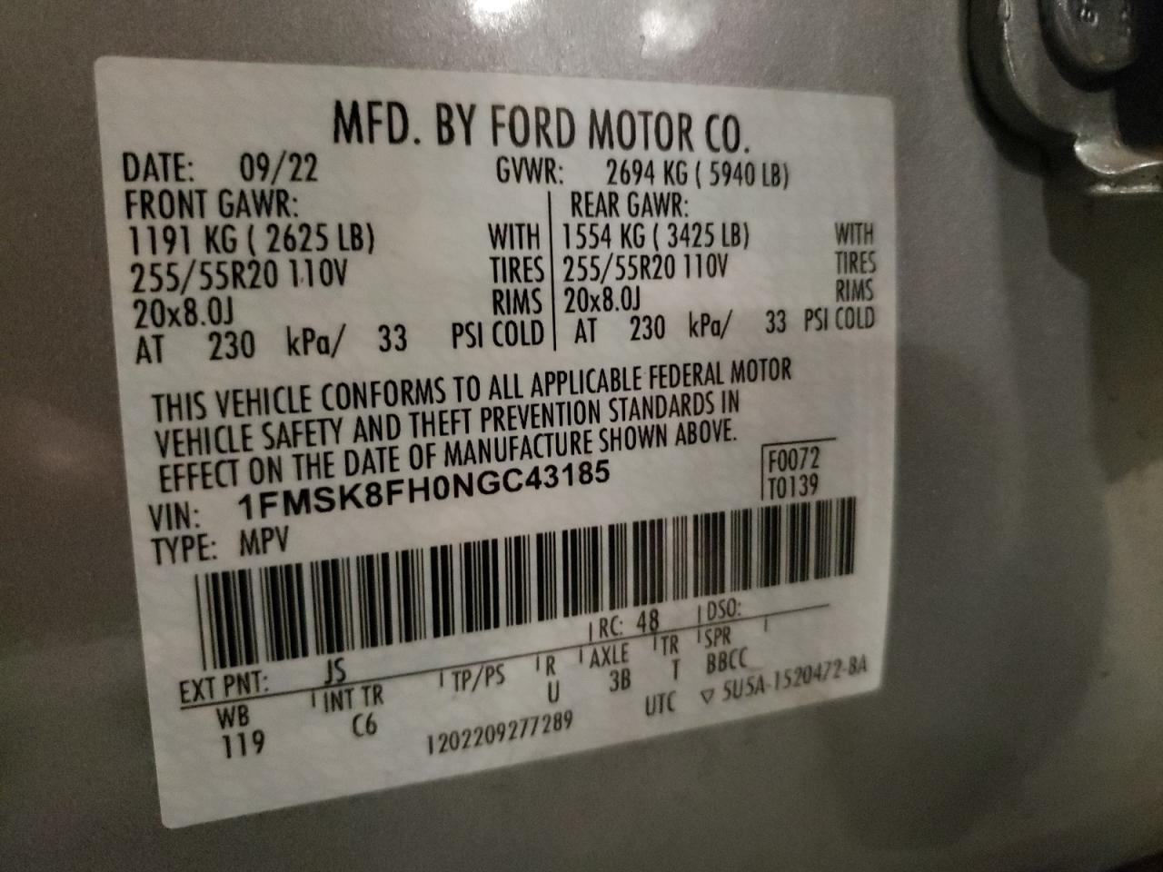 2022 Ford Explorer Limited VIN: 1FMSK8FH0NGC43185 Lot: 84812215