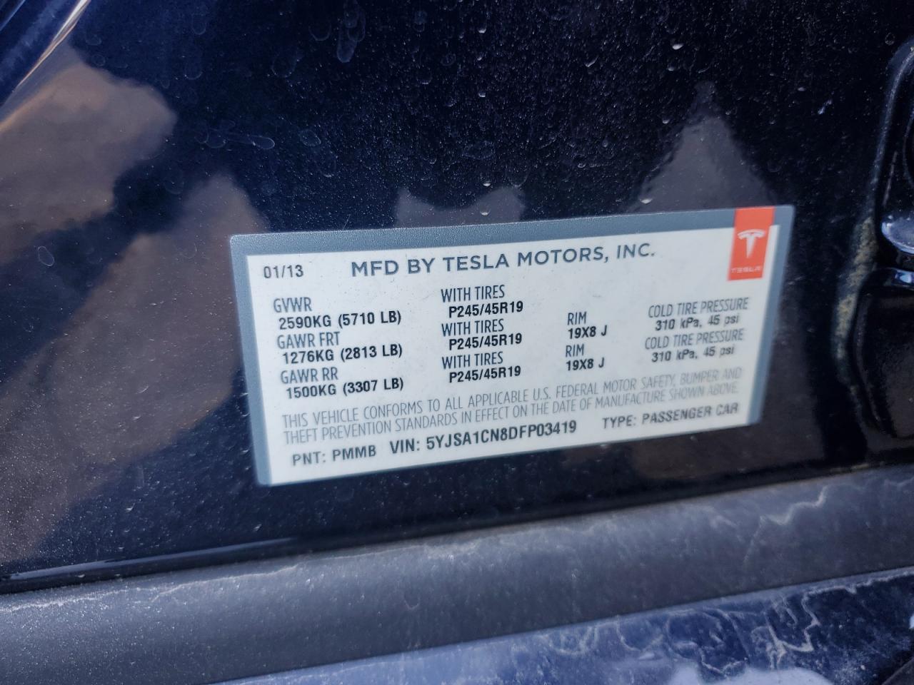 2013 Tesla Model S VIN: 5YJSA1CN8DFP03419 Lot: 82422555