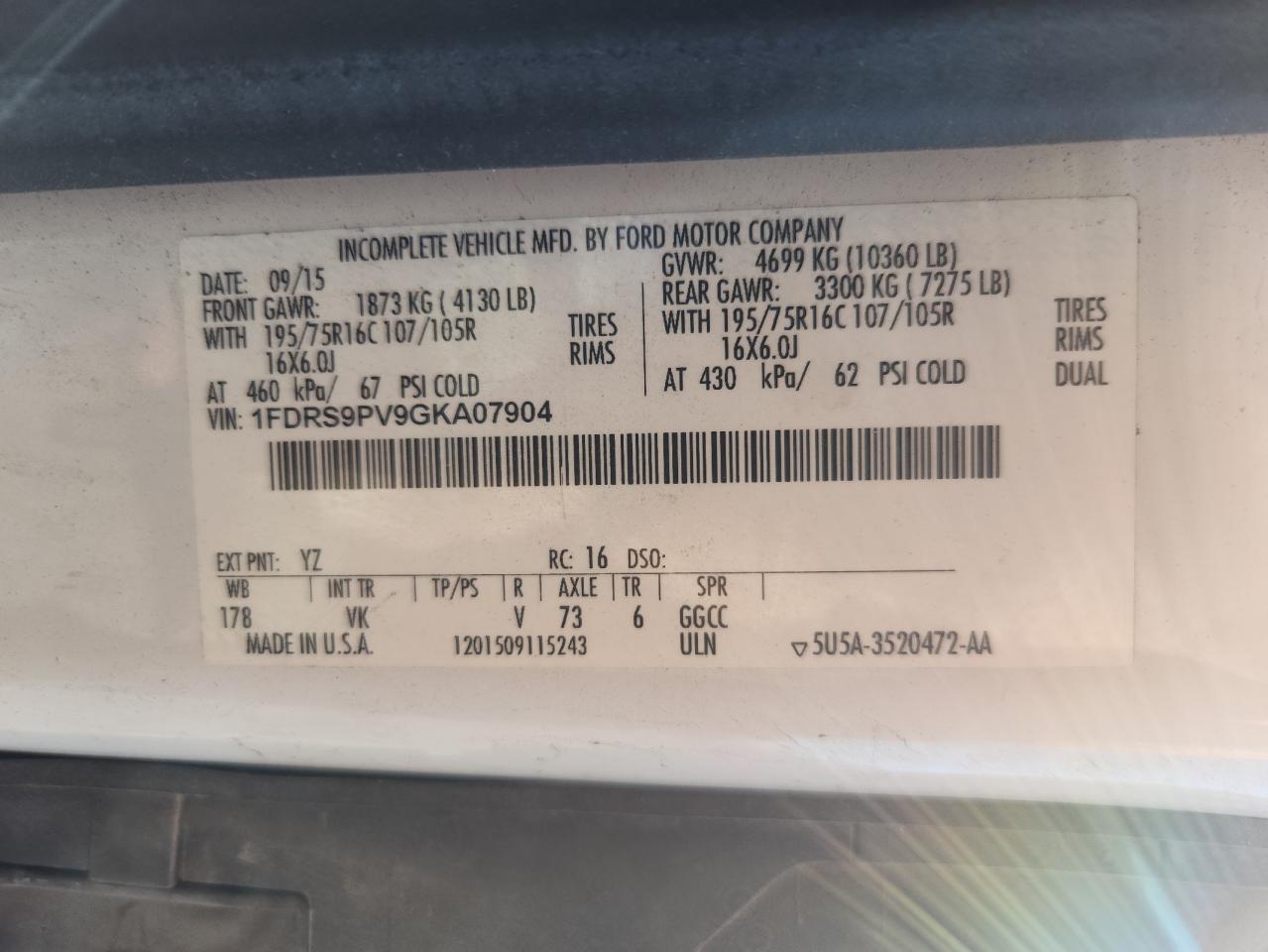 2016 Ford Transit T-350 Hd VIN: 1FDRS9PV9GKA07904 Lot: 85702135