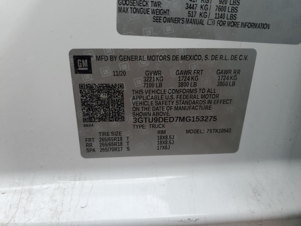 2021 GMC Sierra K1500 Slt VIN: 3GTU9DED9MG153275 Lot: 82273745