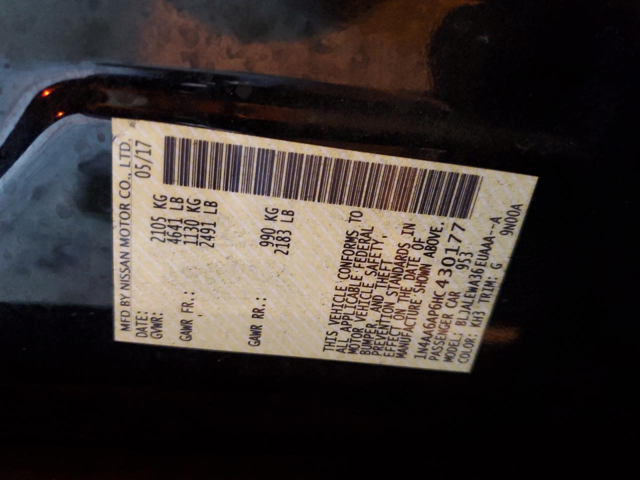 2017 Nissan Maxima 3.5S VIN: 1N4AA6AP6HC430177 Lot: 90855685