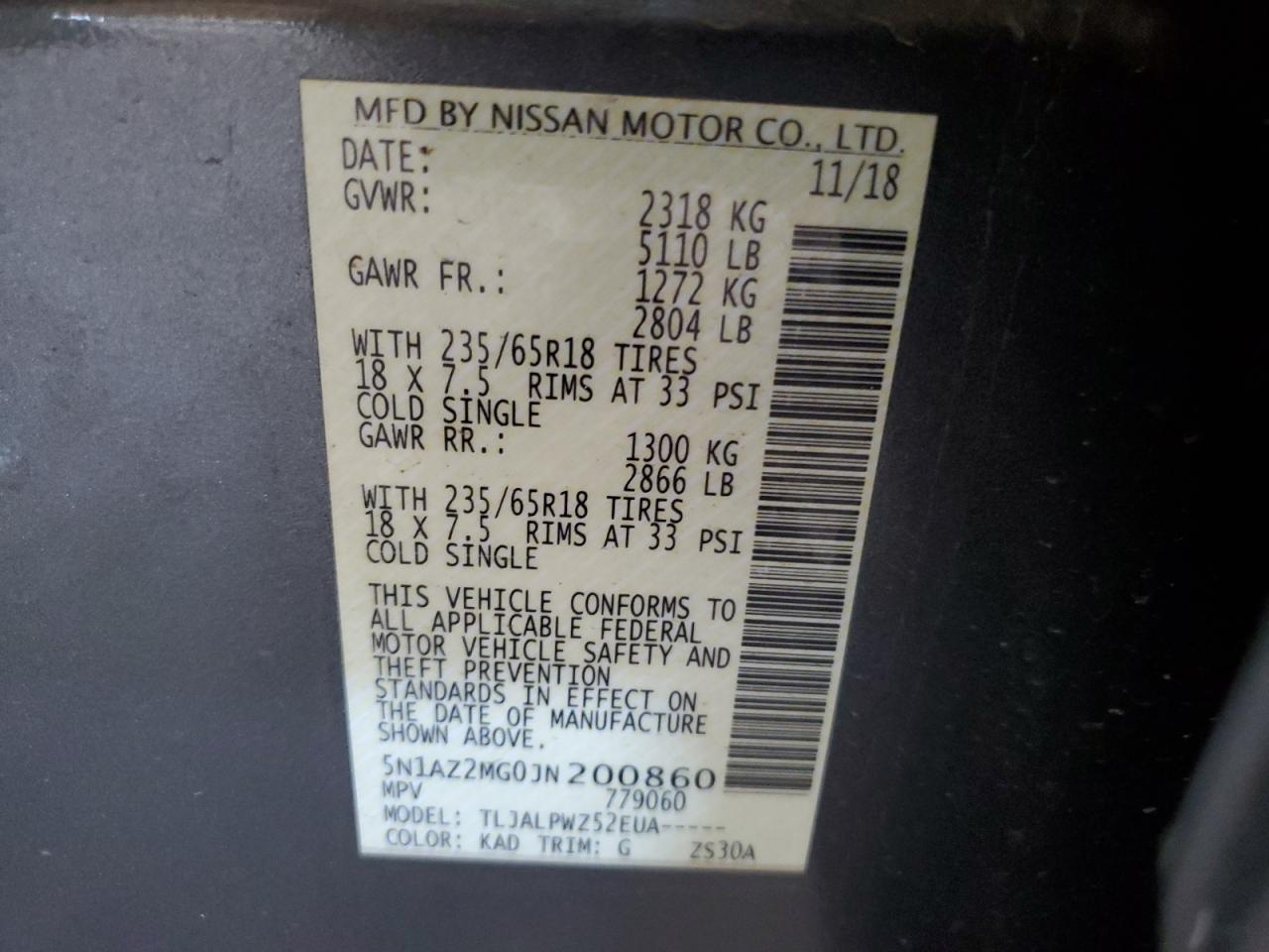 2018 Nissan Murano S VIN: 5N1AZ2MG0JN200860 Lot: 85187925