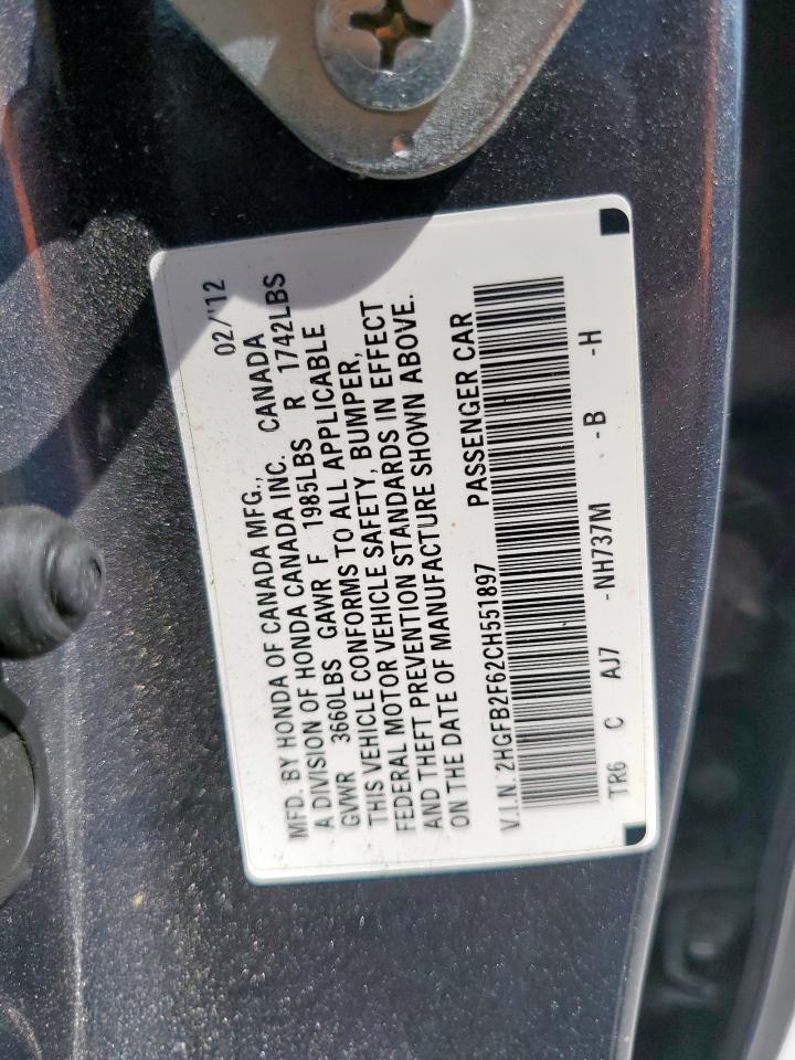 2012 Honda Civic Hf VIN: 2HGFB2F62CH551897 Lot: 85938955