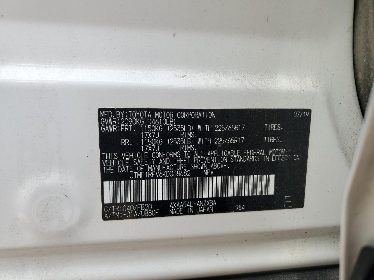 2019 Toyota Rav4 Le VIN: JTMF1RFV6KD038682 Lot: 85858735