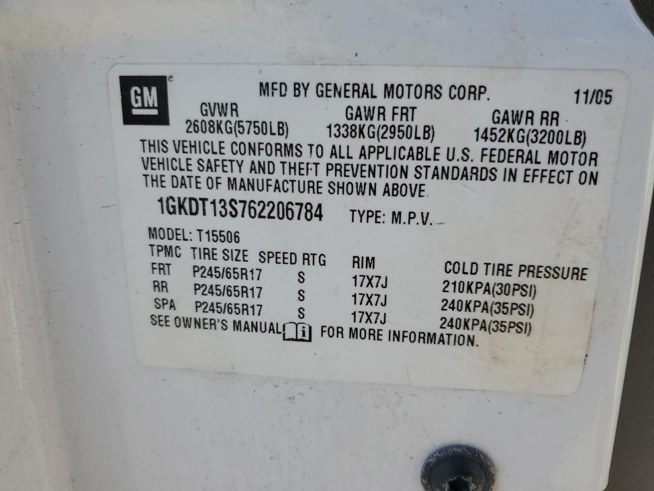 2006 GMC Envoy VIN: 1GKDT13S762206784 Lot: 87240845