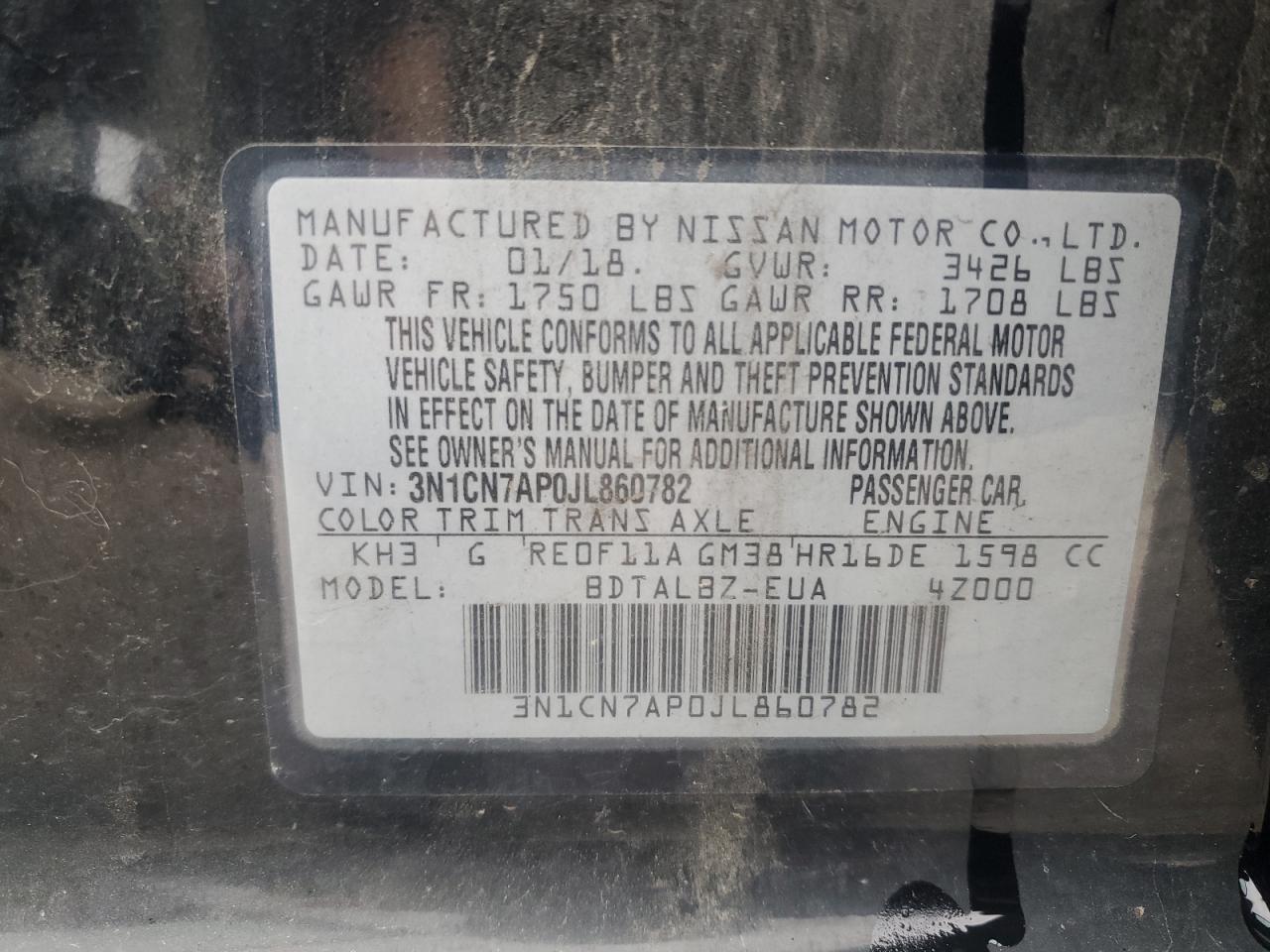 2018 Nissan Versa S VIN: 3N1CN7AP0JL860782 Lot: 82717365